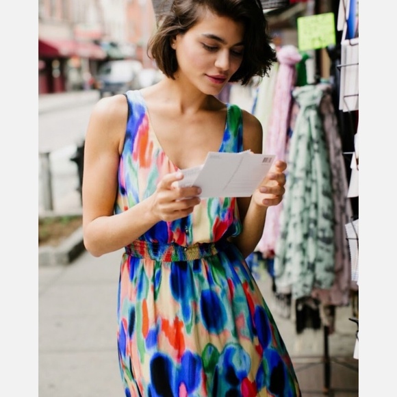 Anthropologie Maeve Aloisia Dress Silk Watercolor Maxi Length Front Slits Sz 8 - Picture 5 of 16